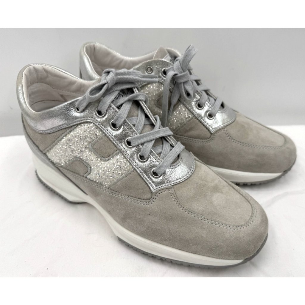 $545 Hogan Interactive Luxurious Leather Silver Sneakers Shoes Sz 39 Sz 9 Usa